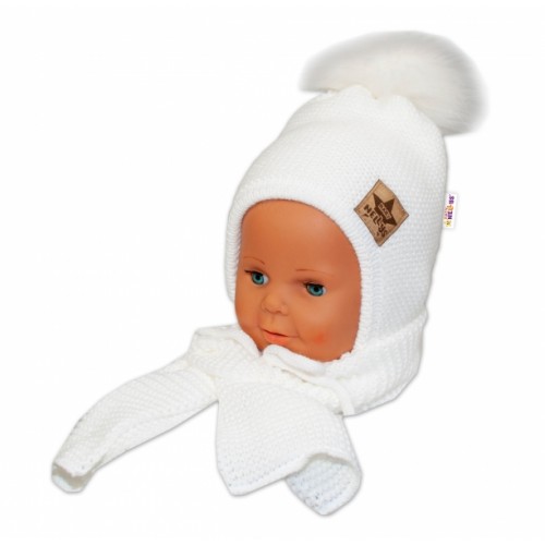 BABY NELLYS Zimná čiapočka s šálom - chlupáčková Bambulka - biela/biela