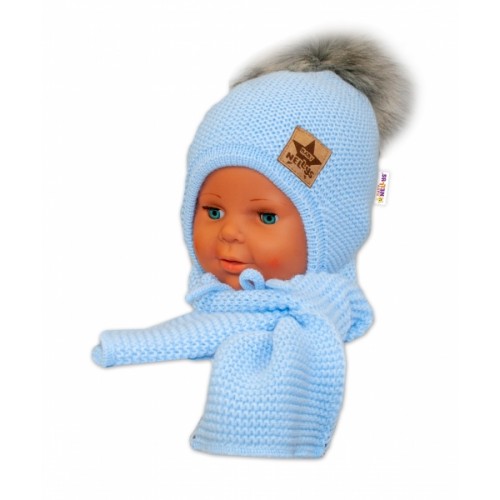 BABY NELLYS Zimná čiapočka s šálom - chlupáčková Bambulka - sv. modrá/sivá