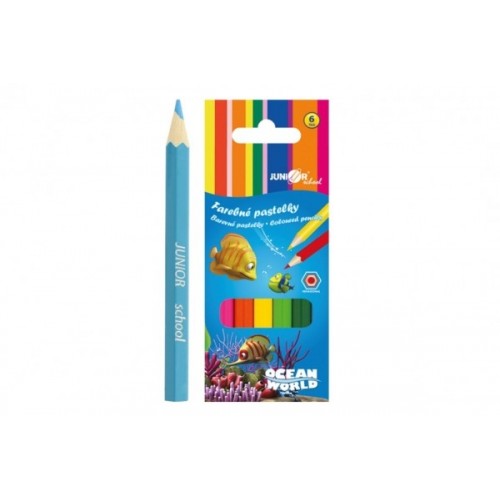Pastelky farebné drevo krátke Ocean World šesťhranné 6 ks v krabičke 4,5x11x1cm 24ks
