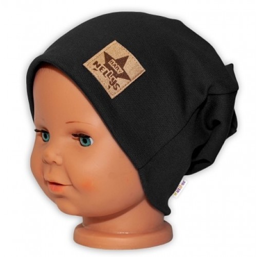 Baby Nellys Hand Made Detská funkčná čiapka s dvojitým lemom - čierna, vel. 110