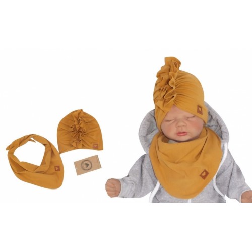 Z&Z Štýlová detská jarná / jesenná bavlnená čiapka, turban s šatkou, medová