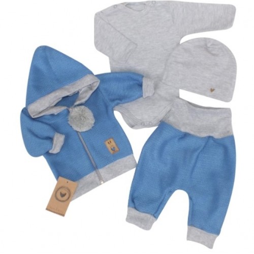 Z&Z 4-dielna pletená súpravička, kabátik, tepláčky, čiapočka a body, modrá-šedá