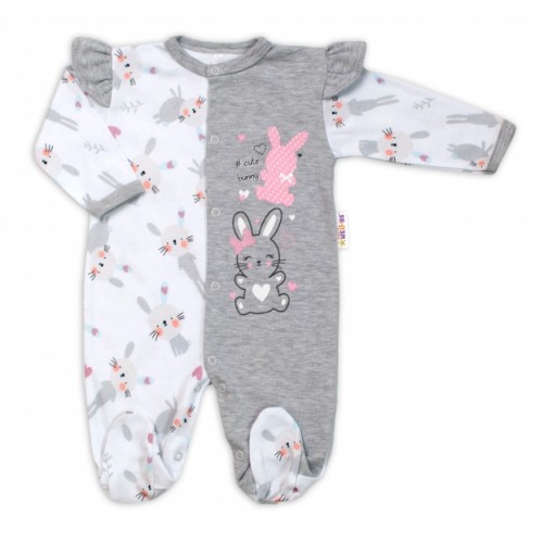 Baby Nellys Bavlnený dojčenský overal s volánkmi Cute Bunny - sivý, veľ. 86