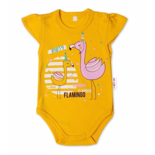 Baby Nellys Bavlnené dojčenské body, kr. rukáv, Flamingo - horčicove, veľ. 68