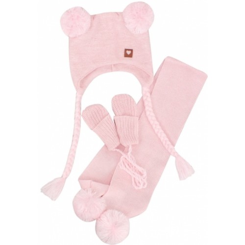 Z&Z Pletená čiapka s brmbolcami, šálom a rukavičky 3v1, ružová