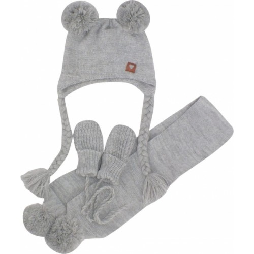 Z&Z Pletená čiapka s brmbolcami, šálom a rukavičky 3v1, sivá