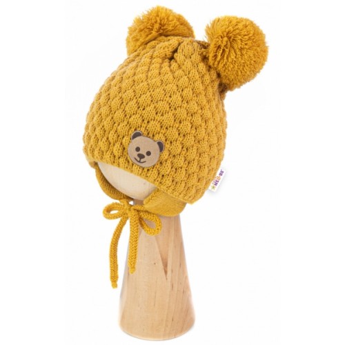 BABY NELLYS Zimná pletená čiapka Teddy Bear na zaväzovanie, horčicová, 68/80, (6-12m)