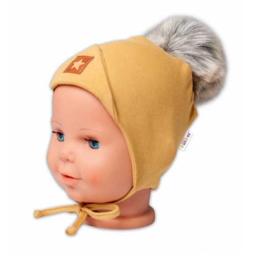 Baby Nellys Bavlnená dvojvrstvová čiapka s brmbolcom na zaväzovanie Star - horčicová