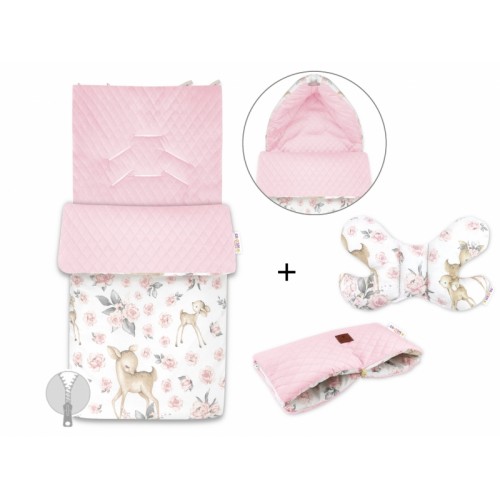 Baby Nellys 3-dielna sada fusak + vankúšik + rukávnik, Srnka a Růže - růžový
