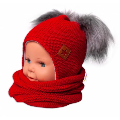 BABY NELLYS Zimná čiapka s fleecom a chlupáčka. bambuľky Star + komínok - červená, 98/104