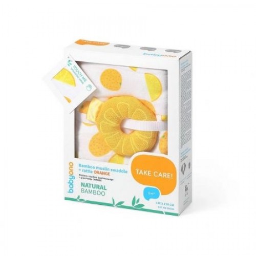 BabyOno Bambus / Mušelín Pomaranč - plienka - muchláček + hrkálka oranžová / biela, 0 m