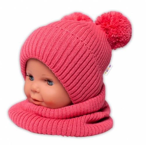BABY NELLYS Zimná pletená čiapka + nákrčník - malina s brmbolcami