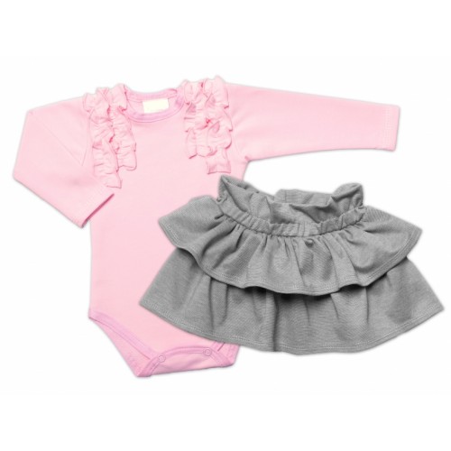 BABY NELLYS 2-dielna sada, body dl.rukáv + suknička Dance Baby, ružová/sivá
