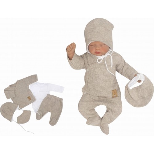 Z&Z 5-dielna pletená dojčenská súpravička so šatkou - béžová, biela