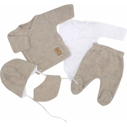 Z&Z 5-dielna pletená dojčenská súpravička so šatkou - béžová, biela, veľ. 56
