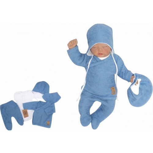 Z&Z 5-dielna pletená dojčenská súpravička so šatkou - modrá, biela, veľ. 56