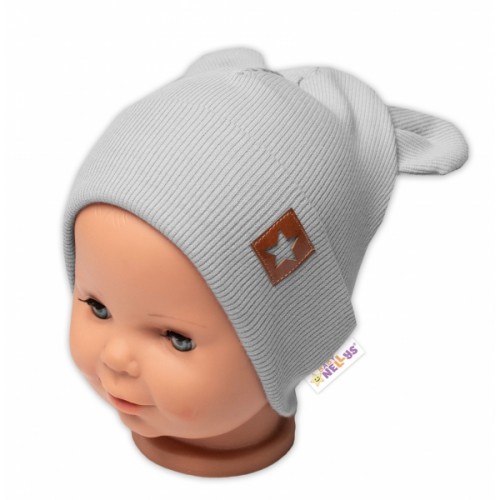 Baby Nellys Rebrovaná dvojvrstvová čiapka s uškami TEDDY - sivá