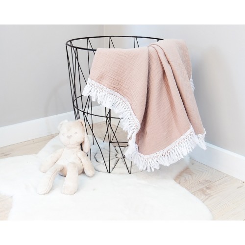 Baby Nellys Luxusná mušelínová deka BOHO s třásněmi, 70 x 100 cm, béžová