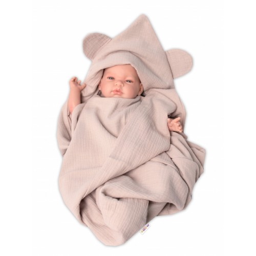 Baby Nellys Luxusná dvojvrstvová mušelínová deka s kapucňou 100 x 100 cm, béžová