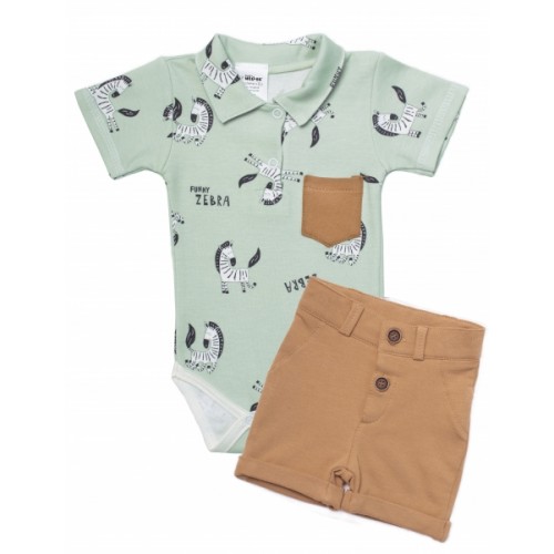 Baby Nellys 2-dielna sada body kr. rukáv, kraťasky, Zebra - mätová, hnedá, veľ. 68