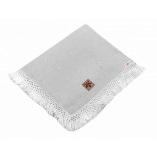 Baby Nellys Luxusná mušelínová deka Stars s třásněmi, 70 x 100 cm, sivá