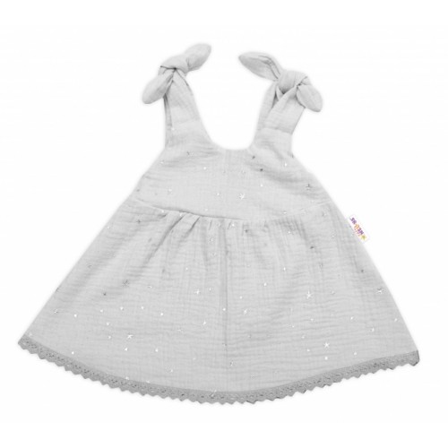 Baby Nellys Letné ľahučké mušelínové šaty Summer Stars - sivé, veľ. 92/98