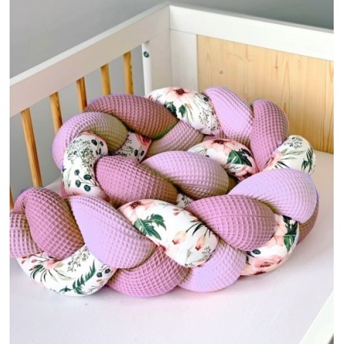 Baby Nellys Mantinel pletený vrkoč Vafel, bavlna LUX, Flowers - pudrová/lila, 220 cm