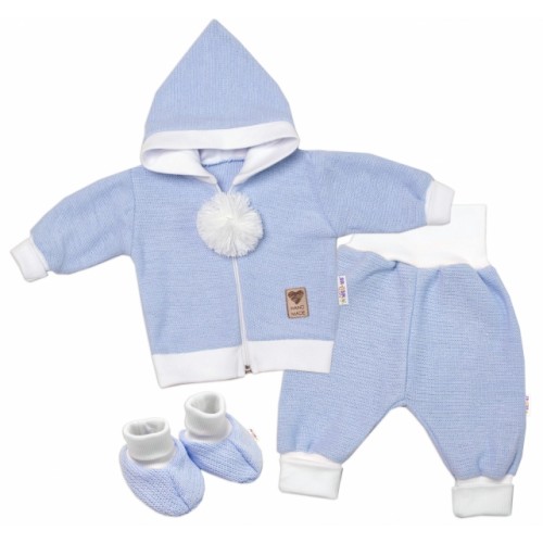 Baby Nellys 3-dielna súprava Hand made, pletený kabátik, kalhoty a topánočky,modrá, veľ.68