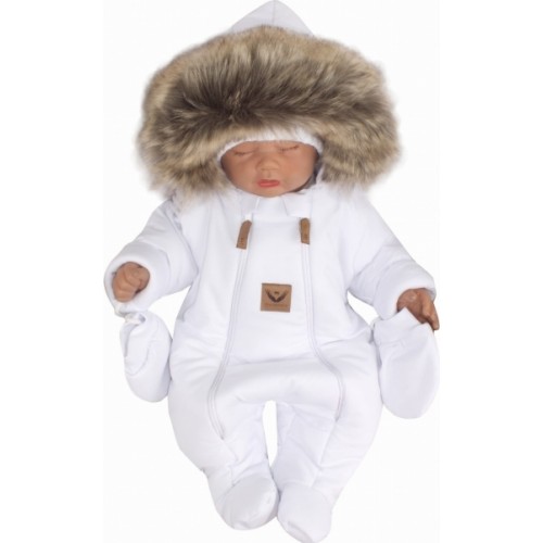 Z&Z Zimná kombinéza s dvojitým zipsom, kapucňou a kožušinou + rukavičky, Angel - biela, 74