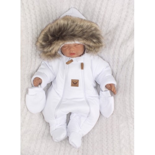 Z&Z Zimná kombinéza s dvojitým zipsom, kapucňou a kožušinou + rukavičky, Angel - biela, 86