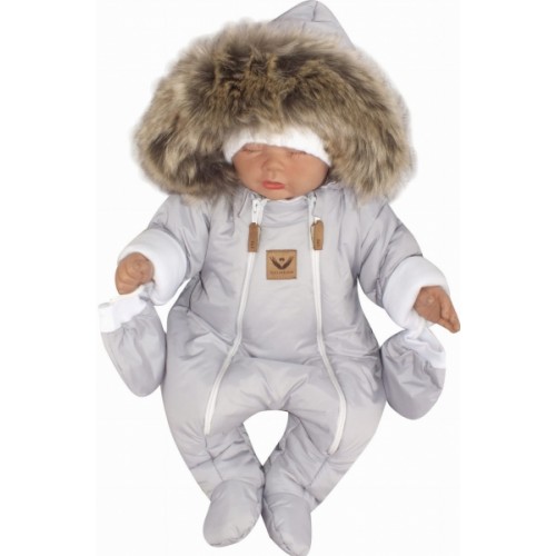Z&Z Zimná kombinéza s dvojitým zipsom, kapucňou a kožušinou + rukavičky, Angel - sivý, 62