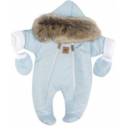 Z&Z Zimná kombinéza s dvojitým zipsom, kapucňou a kožušinou + rukavičky, Angel - modrý