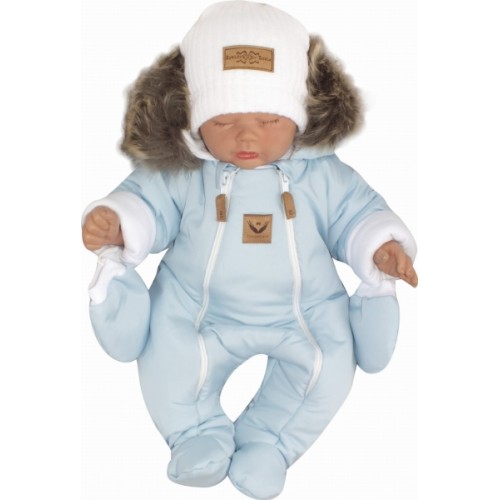 Z&Z Zimná kombinéza s dvojitým zipsom, kapucňou a kožušinou + rukavičky, Angel - modrý, 80