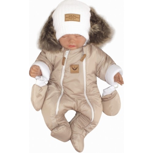 Z&Z Zimná kombinéza s dvojitým zipsom, kapucňou a kožušinou + rukavičky, Angel - béžový,80