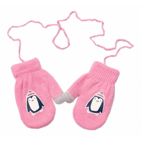 YO! Zimné dievčenské rukavičky so šnúrkou Tučniak - ružové, veľ. 110
