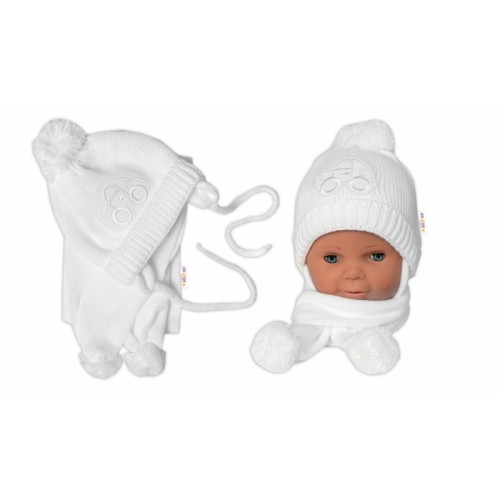 BABY NELLYS Zimná čiapočka s šálom - Autíčko, biela