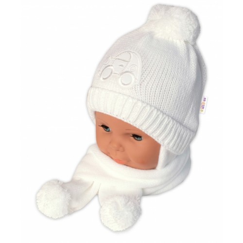 BABY NELLYS Zimná čiapočka s šálom - Autíčko, biela