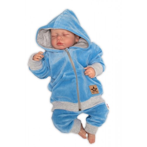 Baby Nellys Velurová, semišková tepláková súprava s vreckami Boy, modrá