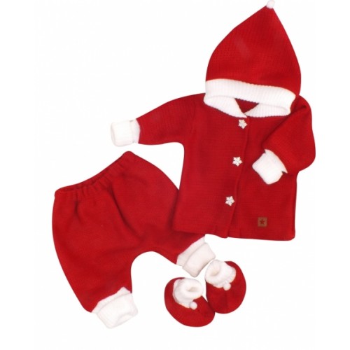 Z&Z 3-dielna pletená súprava, kabátik, nohavice a topánočky Baby Santa, červená, veľ. 74