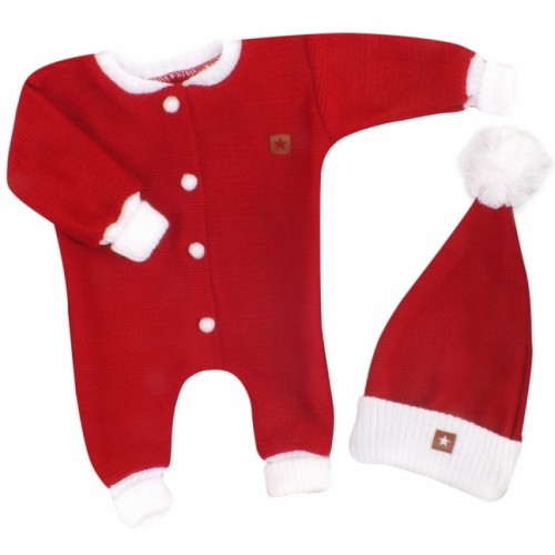 Z&Z 2-dielna sada Pletený overálok + čiapočka Baby Santa, červený, veľ. 74