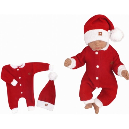Z&Z 2-dielna sada Pletený overálok + čiapočka Baby Santa, červený, veľ. 80