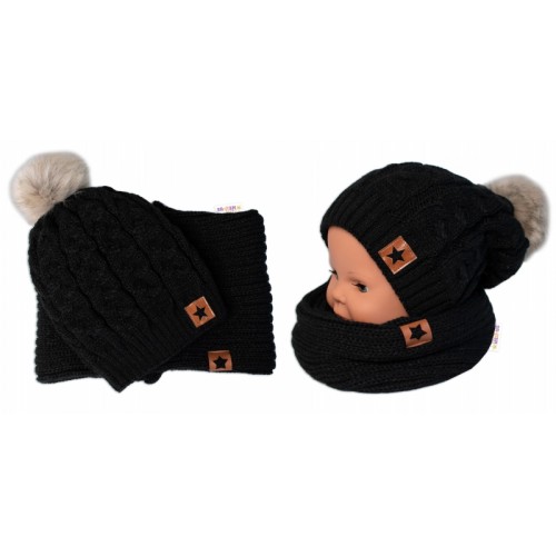 BABY NELLYS Zimná dvojvrstvová čiapka s brmbolcom + komínček Star, čierna