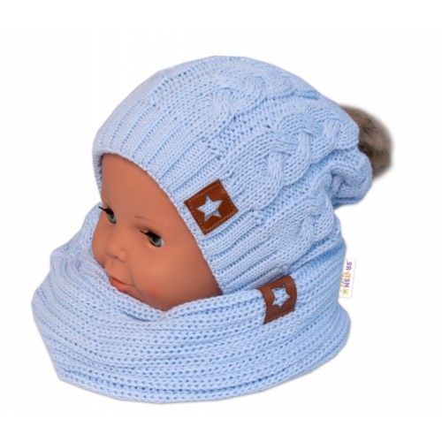 BABY NELLYS Zimná dvojvrstvová čiapka s brmbolcom + komínček Star, sv. modrá