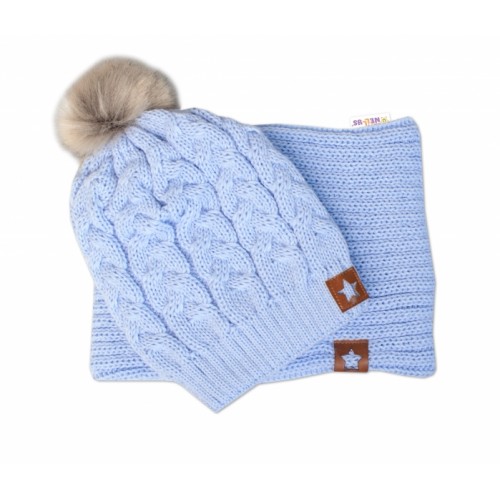 BABY NELLYS Zimná dvojvrstvová čiapka s brmbolcom + komínček Star, sv. modrá