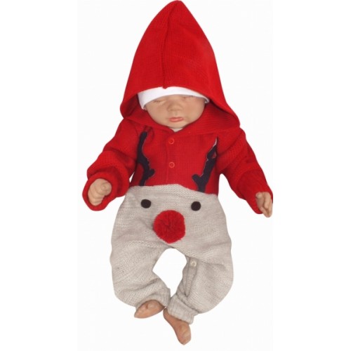 Z&Z Detský pletený Vianočný overálek s kapucňou a gombíkmi Baby Sob, červený, veľ. 86