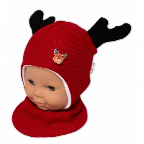 Baby Nellys Pletená dvojvrstvová čiapka so šatkou Sobík, červená/biela