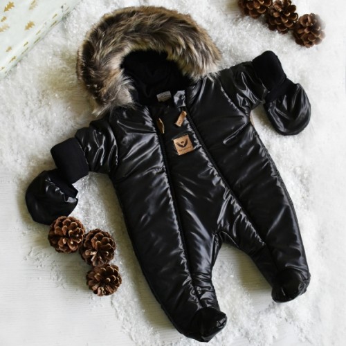 Zimná kombinéza s dvojitým zipsom, kapucňou a kožušinou+rukavičky, Z&Z Angel - čierny