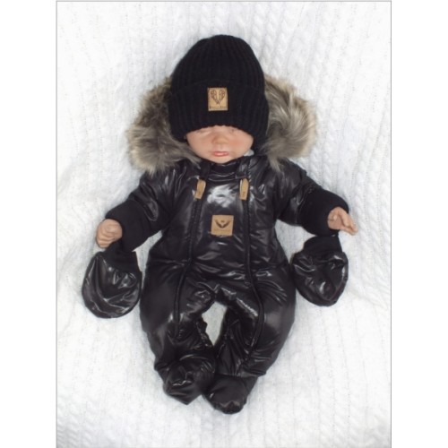 Zimná kombinéza s dvojitým zipsom, kapucňou a kožušinou+rukavičky, Z&Z Angel,čierny,veľ.80