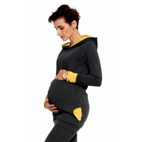 Tehotenská/dojčiaca mikina Be MaaMaa s kapucňou, Gianna - grafit/žltá, veľ. M