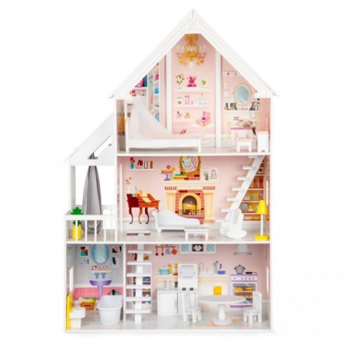 Drevený domček pre bábiky Eco Toys XXL Rezidencia s vybavením, púdrový